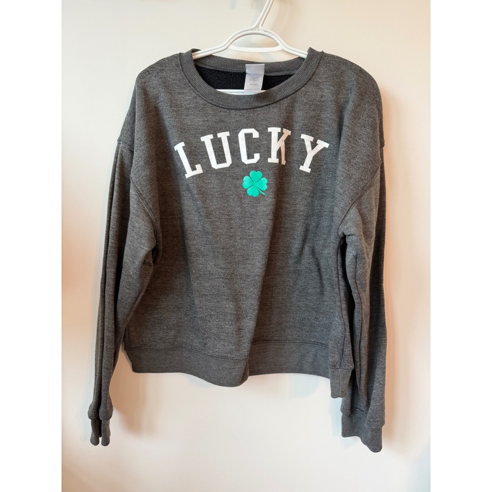 Modern Lux Womens Lucky St Patricks Day Sweatshirt Gray Clover Graphic Large